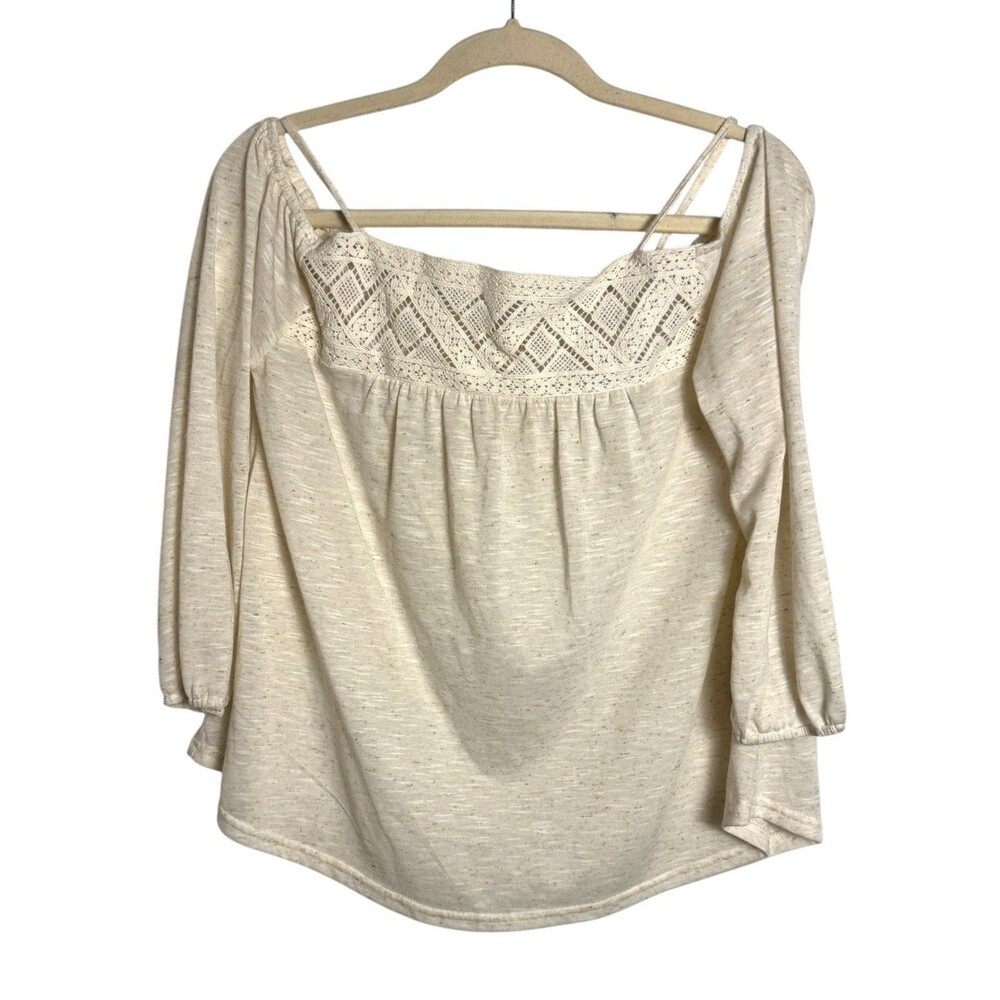 Ivory Cottagecore Size Small Off Shoulder Top 3/4 Sleeve Boho Hippie Crochet
